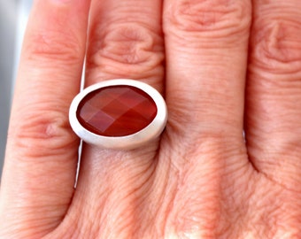 Silver Ring with Red Gemstone Agate Ring, Artisan Bohemian Silver Ring