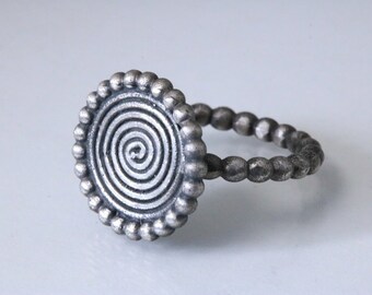 Silver Ring For Women, Rustic Textured Round Dots Ring With A Big Spiral, Unique Boho Ethnic Indian Antique style Handmade Pinky Jewelry