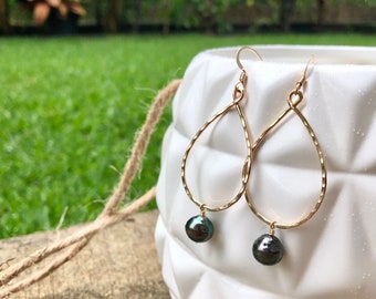 Hanging TAHITIAN PEARL teardrop hoop earrings