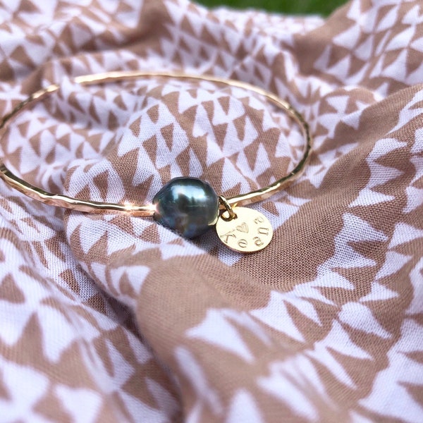 TAHITIAN PEARL Bangle w/ custom name + heart tag