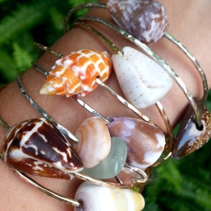 May include: A set of gold bangle bracelets with various seashells attached. The shells are in shades of brown, white, orange, and pink.