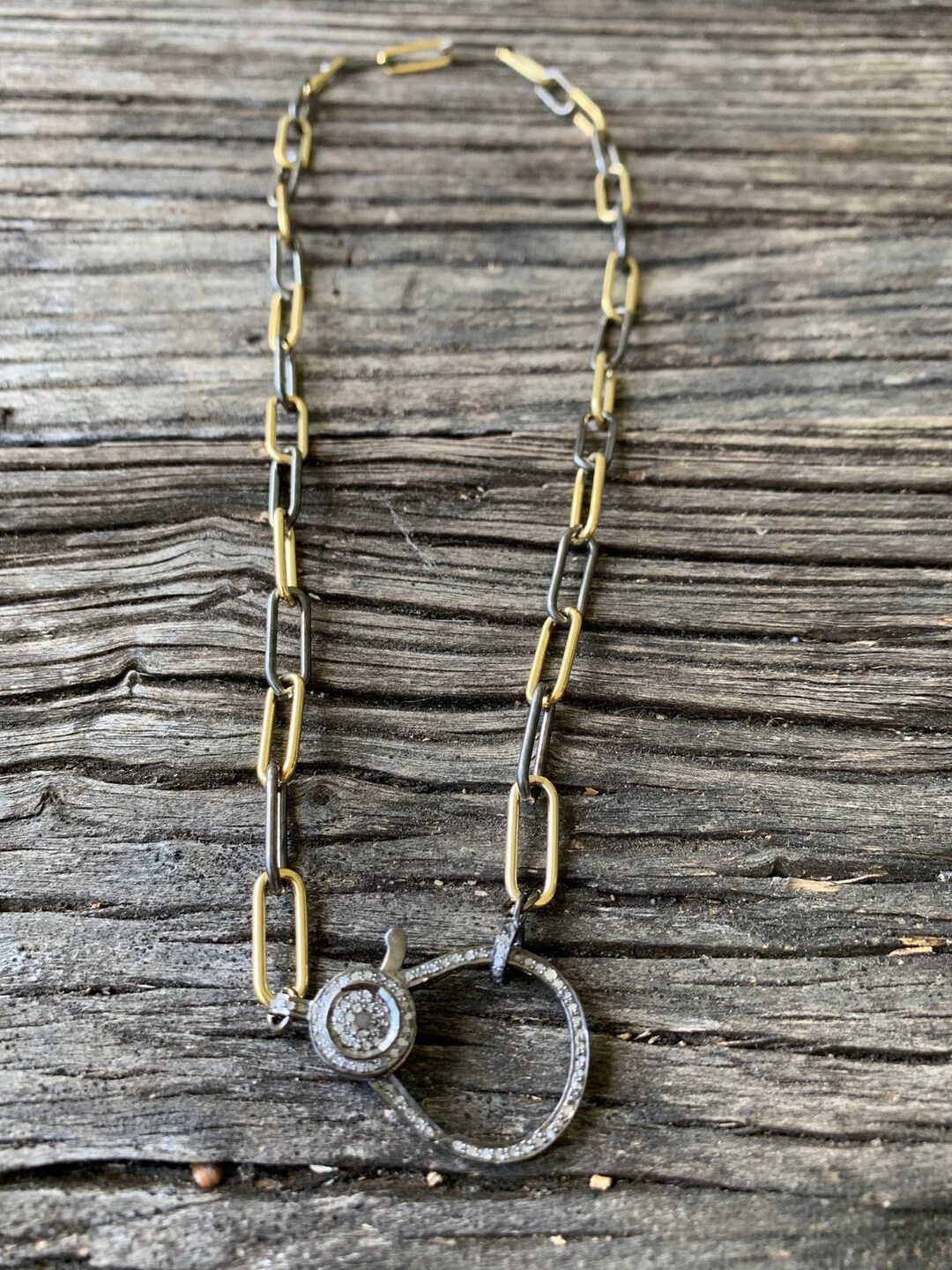 Sterling Silver and Gold Paper Clip Chain With Pave Diamond Lobster