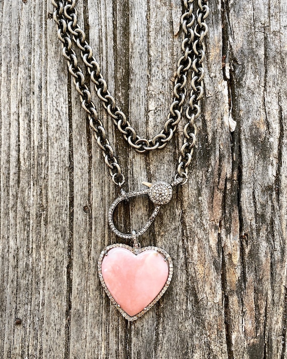 Diamond and Pink Opal Diamond Heart Necklace