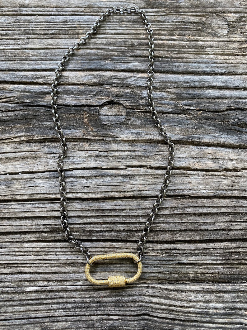 Rolo Chain Necklace with Pave Diamond Gold Carabiner