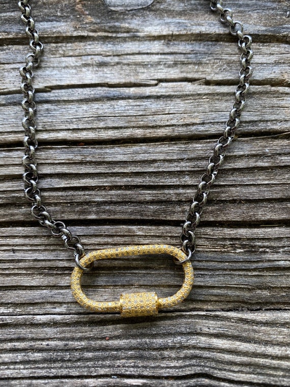 Rolo Chain Necklace with Pave Diamond Gold Carabiner