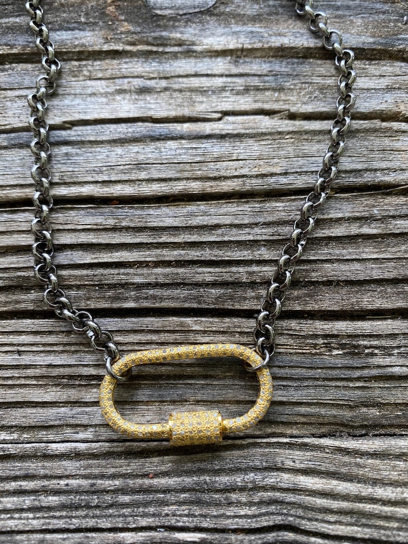Rolo Chain Necklace with Pave Diamond Gold Carabiner
