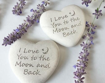 I Love You to the Moon and Back Heart Shaped Rock, Gift Stone for Kids, Grandma, Grandpa, Husband, Wife, Friend - Cream, Approx. 3" in Size