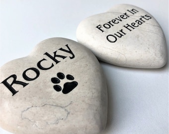 Pet Memorial Stone in Cream & Black, Engraved Heart Rock with Your Pets Name