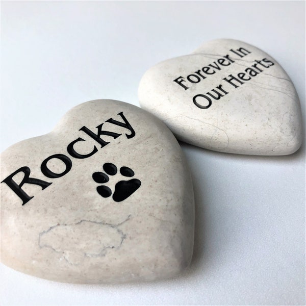 Pet Memorial Stone in Cream & Black, Engraved Heart Rock with Your Pets Name
