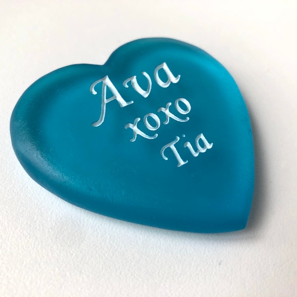 Light Blue Personalized Sea Glass Heart with YOUR Names, Dates, Words