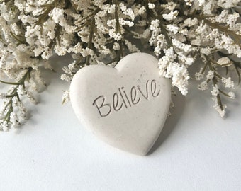 Believe Rock, Heart Shaped Worry Stone for Inspiration and Support in Cream - Gift of Encouragement