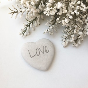 Love Stone, Engraved Heart Shaped Rock - 100% Natural Pocket Stone, 1.5&quot;-2&quot; Worry Stone or Gift for Inspiration and Support in Cream
