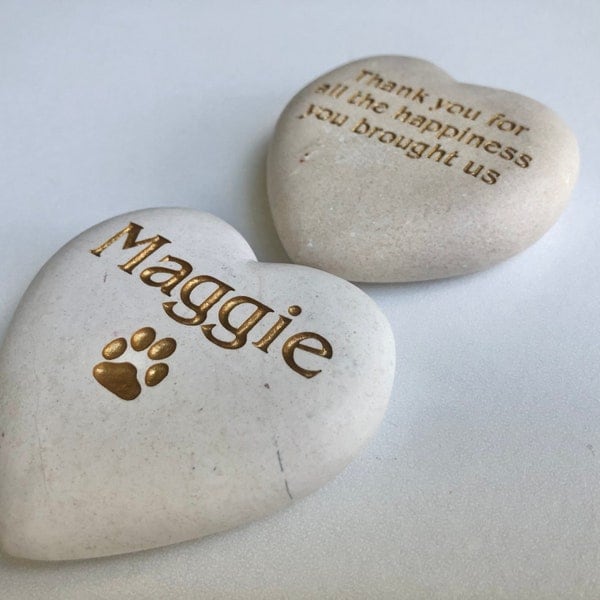 Pet Memorial Stone in Cream & Gold, Engraved Heart Rock with Your Pets Name