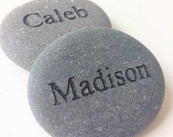 Name Stones in Gray with Black, Great Family Gifts. Custom Engraved Rocks.