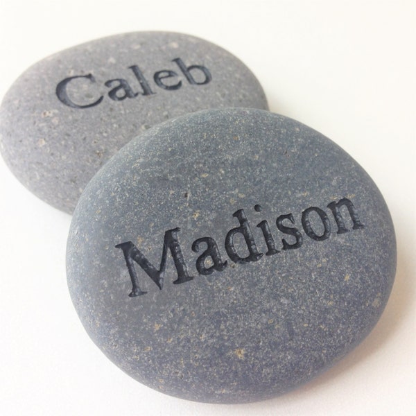 Name Stones in Gray with Black, Great Family Gifts. Custom Engraved Rocks.