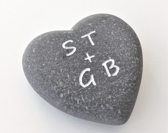 Personalized Gray Heart Rock Engraved with YOUR Name, Date, Words or Message in White