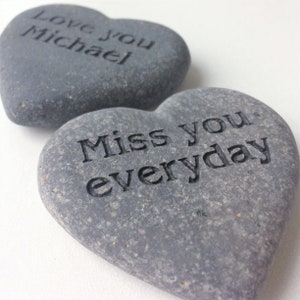 Custom Gray Heart Stone Engraved with YOUR Name, Date, Words in Black