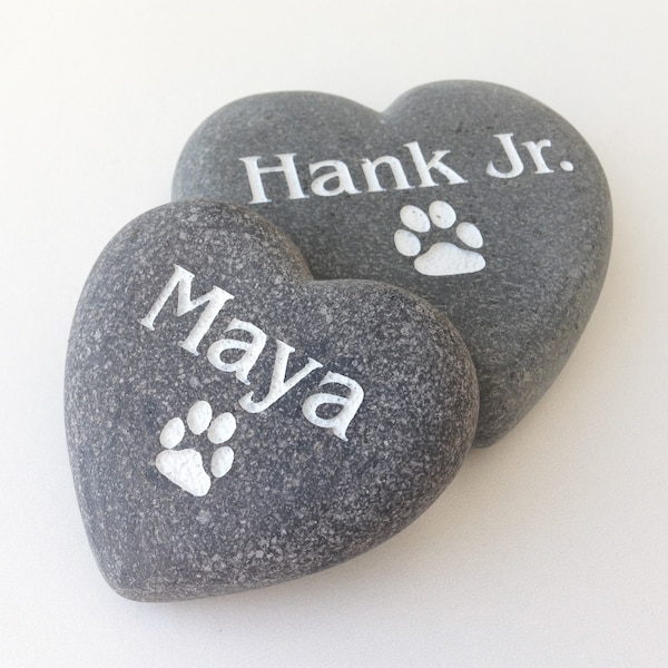 Pet Memorial Stone in Gray & White, Engraved Heart Rock with Your Pets Name