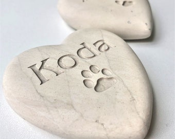 Pet Memorial Stone in Cream, Engraved Heart Rock with Your Pets Name