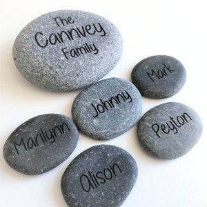 Family Name Rocks Personalized with Individual Names - Gray Stones Custom Etched Engraved with Family Member Names