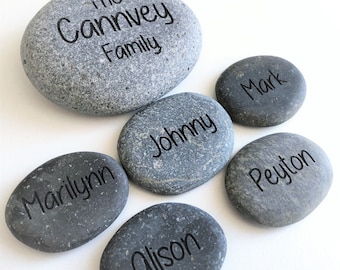 Family Name Rocks Personalized with Individual Names - Gray Stones Custom Etched Engraved with Family Member Names
