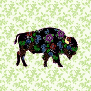 May include: A black silhouette of a bison decorated with colorful beadwork, featuring floral patterns and intricate details. The bison is set against a light green background with a repeating floral pattern.