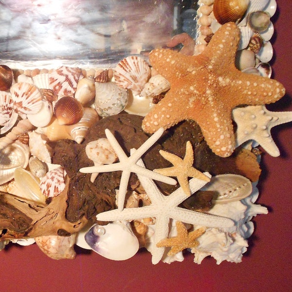 Large Wall BEACH Mirror Seashell and Driftwood and Starfish Mirror - Coastal Boho Hall Wall Bathroom Round Oval Square Rectangle Unique