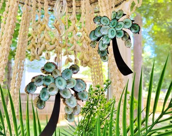 Green Limpet Seashell Beach CHRISTMAS Ornaments PALM TREE - Hanging Aqua Blue Turquoise