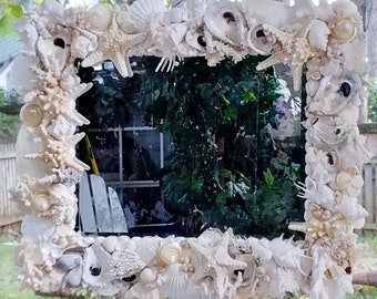 WHITE SEASHELL Starfish CORAL Beach Mirror Pearl Unique Oysters Custom Wall Door Coastal Wreath Oval Round Square Rectangle Full Photo Prop