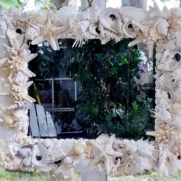 WHITE SEASHELL Starfish CORAL Beach Mirror Pearl Unique Oysters Custom Wall Door Coastal Wreath Oval Round Square Rectangle Full Photo Prop