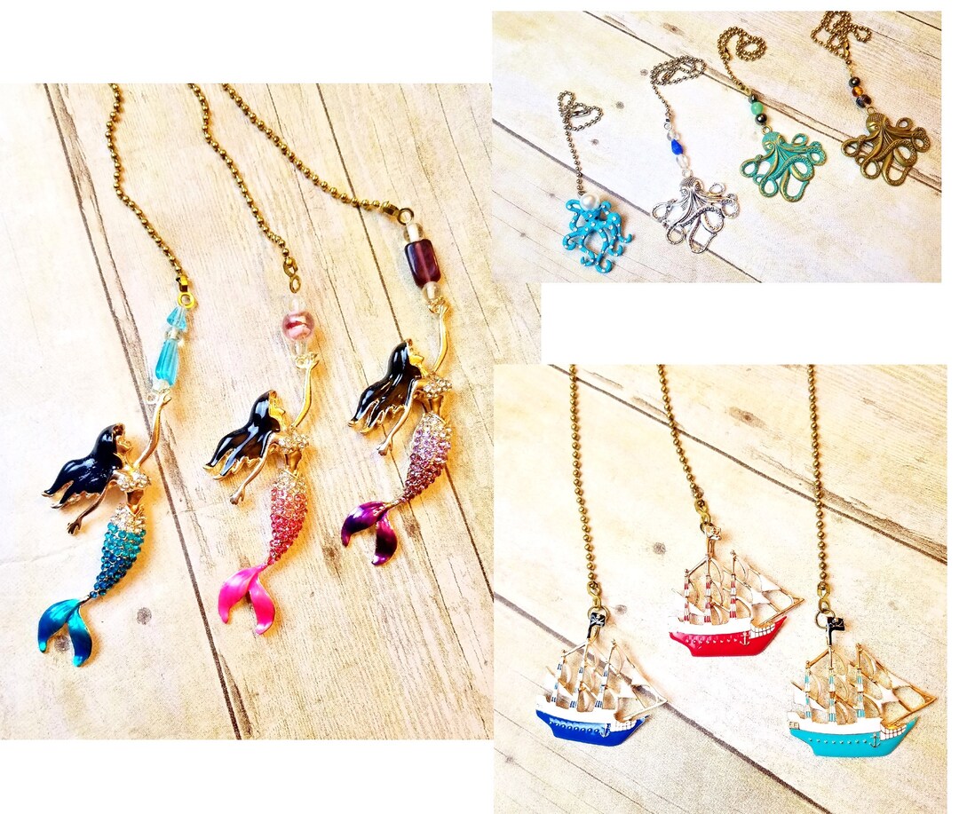 BEACH Ceiling Fan Light Chain Pulls Coastal MERMAID OCTOPUS Sailboat Seashell Window Mirror