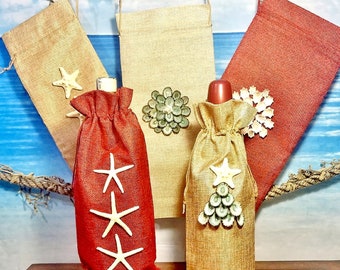 Seashell Flower or Tree WINE BAG Beach Burlap Oil & Vinegar Bottle Holder Nautical Lover Red Natural Drawstring Christmas Gift Wedding Favor