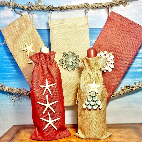 Seashell Flower or Tree WINE BAG Beach Burlap Oil & Vinegar Bottle Holder Nautical Lover Red Natural Drawstring Christmas Gift Wedding Favor