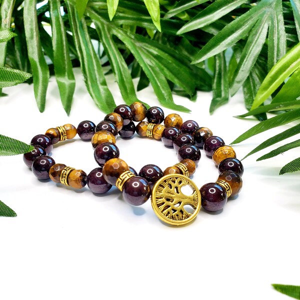 It's All Within You - 2Pc Handmade Bracelet Set, Tree Of Life, Garnet, Tigers Eye, Gold