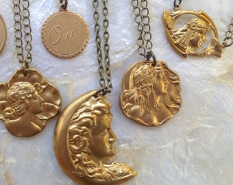 Goddess Art Nouveau Pendants Vintage Raw Brass Layering