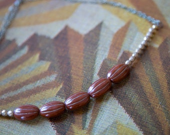 Mocha Brown Czech Glass Muted Gold Bead Necklace Fall Brass Cascade