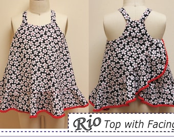 Girl's wrap-back top pdf sewing pattern Rio Top and Dress sizes 4 to 14 with 5 style options