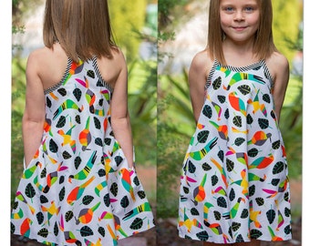 Girls summer A-line dress sewing pattern Rio Top & Dress sizes 4-14, kids sundress and wrap-back tops