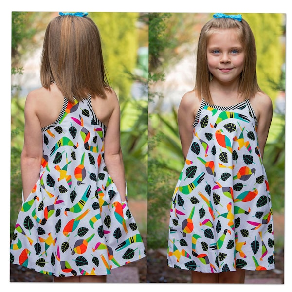 Girls summer A-line dress sewing pattern Rio Top & Dress sizes 4-14, kids sundress and wrap-back tops