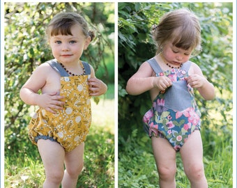 Baby boy/girl romper pdf sewing pattern, DIMPLES reversible romper/sun suit sizes 3+ months to 3 years