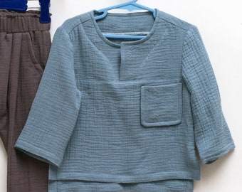 Boy's shirt sewing pattern Kieran Shirt kids summer casual shirt size 2 to 12 years. Easy to sew pattern