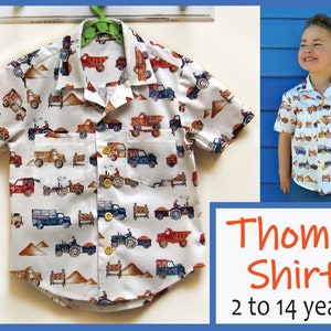 Boy&#39;s Hawaiian shirt sewing pattern for kids 2-14 years. THOMAS SHIRT pdf sewing pattern for childrens casual shirt.
