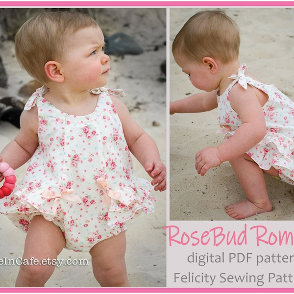 Ruffled romper sewing pattern, baby romper pdf sewing pattern sizes 3 months to 3 years, ROSEBUD Romper.