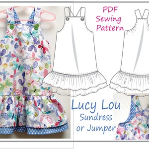 Sundress/jumper sewing pattern, Lucy Lou pdf girls dress pattern sizes 1 to 10 years, 2 style versions. ENGLISH  INSTRUCTIONS ONLY!!