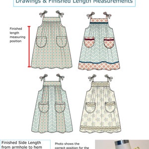 May include: A chart with drawings of four sleeveless dresses with different patterns. The chart includes a size chart with measurements in inches and centimeters for the finished side length from the armhole to the hem. The text "Drawings & Finished Length Measurements" is at the top of the chart. A photo shows the correct position for the dress armhole at a comfortable level below the armpit, not too high or low. The text "Average skirt length per size is to just above the knee." is below the photo.