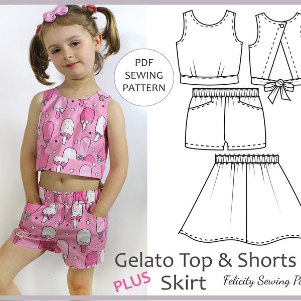 Girls Summer Top and Shorts PDF Sewing Pattern, Plus Bonus Skirt Pattern, Sizes 2 to 10 Years, GELATO Top & Shorts