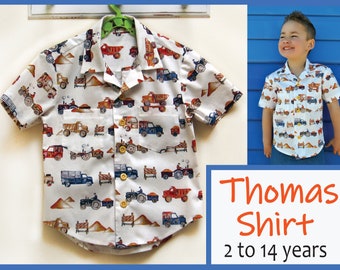 Boy's Hawaiian shirt sewing pattern for kids 2-14 years. THOMAS SHIRT pdf sewing pattern for childrens casual shirt.