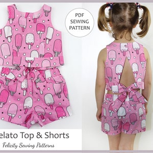 Cute Kids Summer Top and Shorts PDF Sewing Pattern, Plus Skirt! GELATO Top & Shorts Girls Sewing Pattern. Sizes 2 - 10 Years