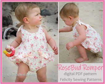 Ruffled romper sewing pattern, baby romper pdf sewing pattern sizes 3 months to 3 years, ROSEBUD Romper.