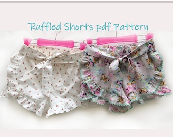 Ruffled shorts sewing pattern, kids shorts pdf sewing pattern for girls 2 - 12 years, cute ruffled shorts pattern